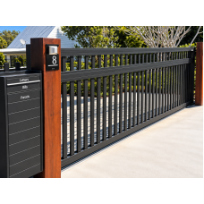 Black Hamptons 38mm Batten Top with 65mm Slats on the bottom - Custom Cut Sliding Gates Black Hamptons 38mm Batten Top with 65mm Slats on the bottom - Custom Cut Sliding Gates